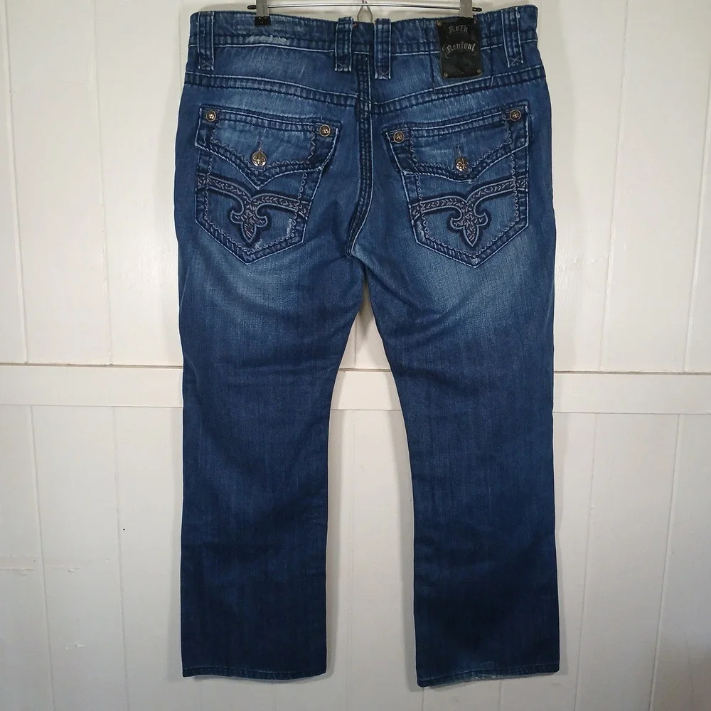 Rock Revival Preston Straight Jeans Mens 38x32 Blue Embroidered Pockets RJ8785T8